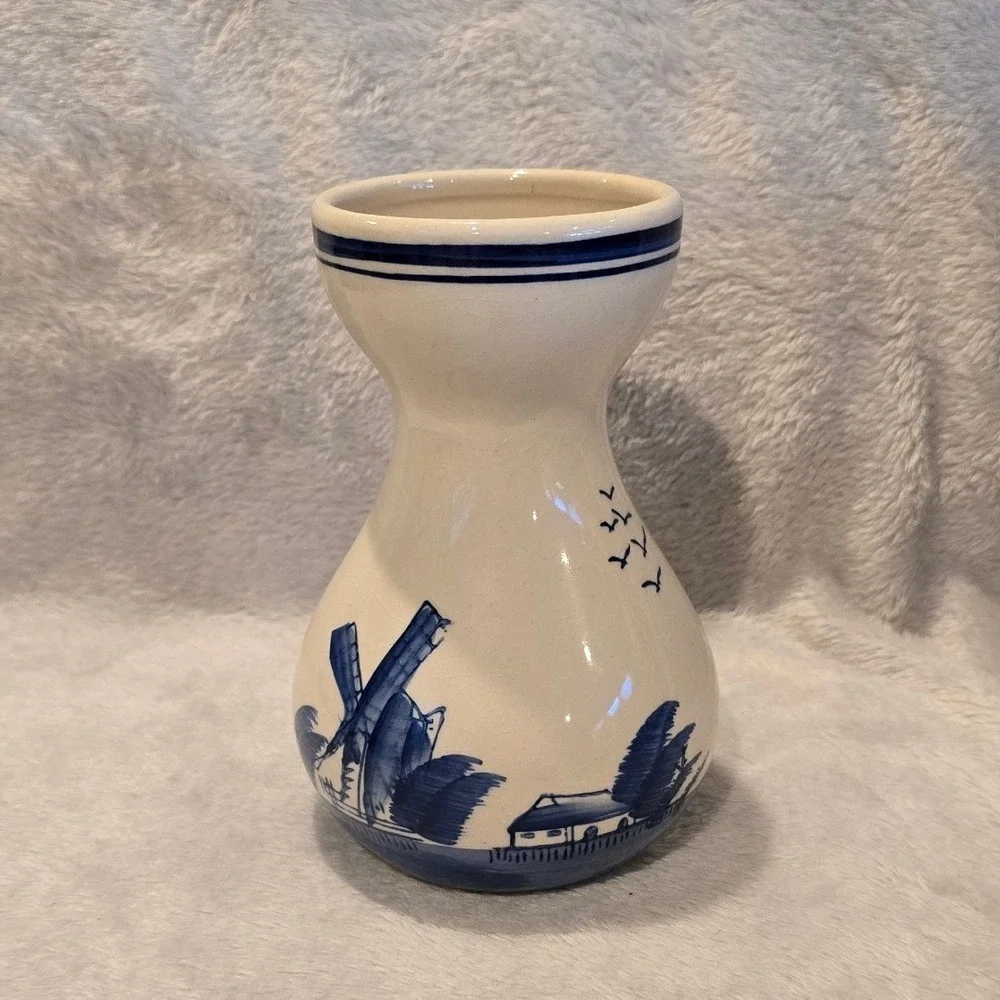 Vintage Delft Pottery Vase Maastricht Blue Holland Windmill Ceramic 5.5